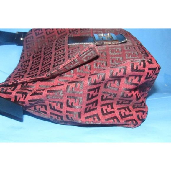 Fendi Mamma Zucco Zucchino Shoulder Bag Black Logo Print On Dark Red Canvas - Picture 9 of 12